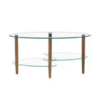 Oval Tempered Glass Coffee Table with Wood Legs, 3-Tier Storage Shelves