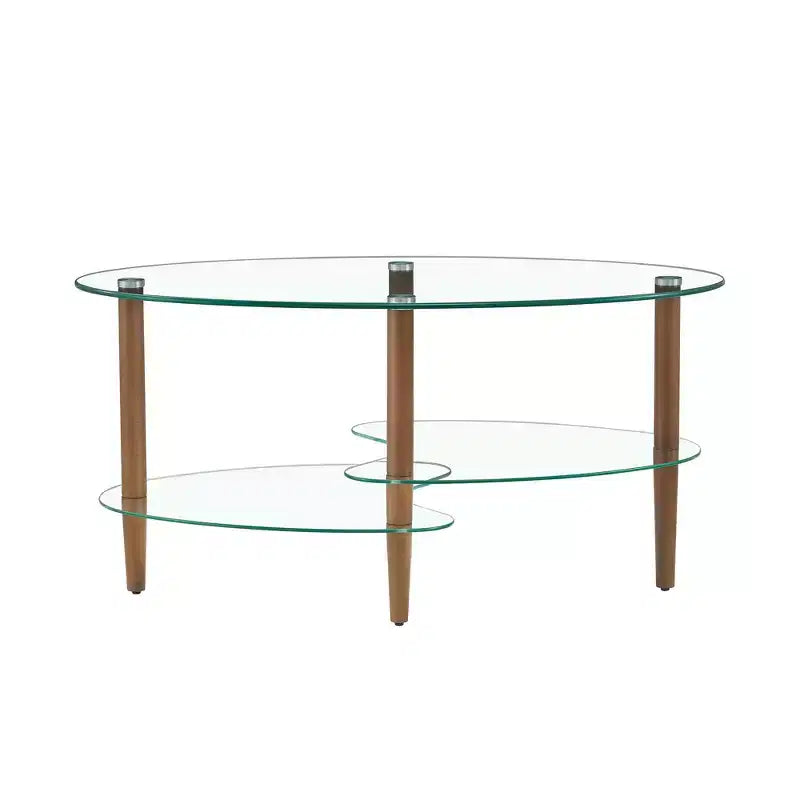 Oval Tempered Glass Coffee Table with Wood Legs, 3-Tier Storage Shelves