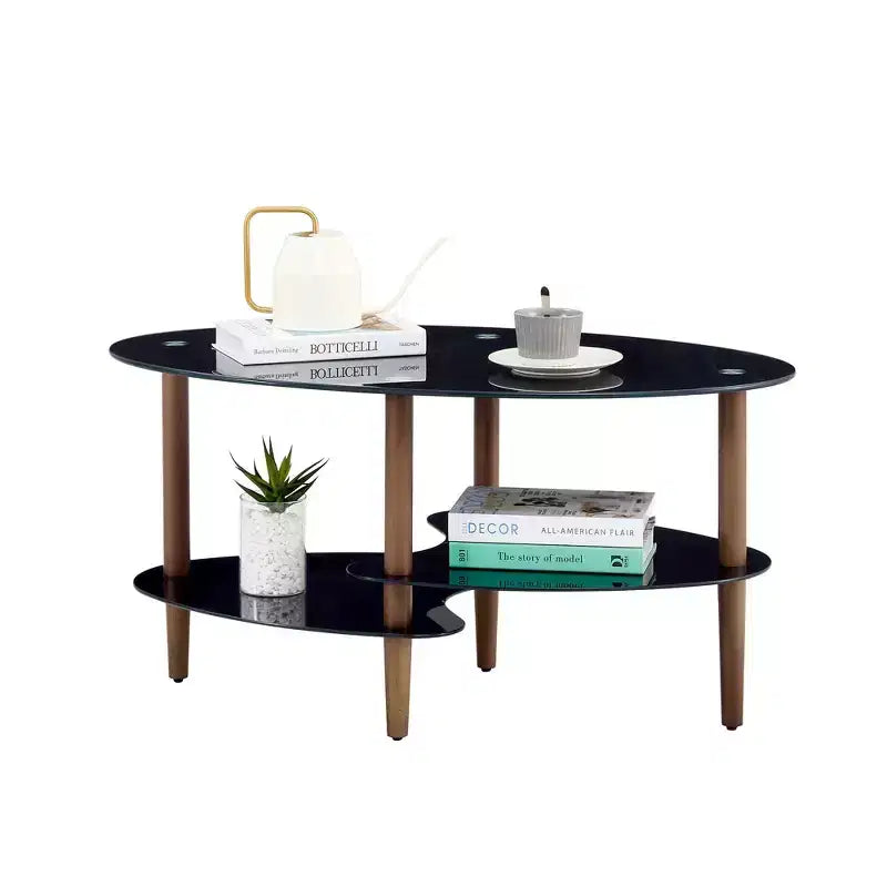 Oval Tempered Glass Coffee Table with Wood Legs, 3-Tier Storage Shelves