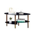 Oval Tempered Glass Coffee Table with Wood Legs, 3-Tier Storage Shelves