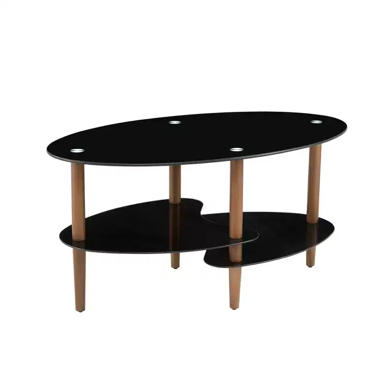 Oval Tempered Glass Coffee Table with Wood Legs, 3-Tier Storage Shelves