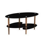 Oval Tempered Glass Coffee Table with Wood Legs, 3-Tier Storage Shelves