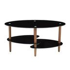 Oval Tempered Glass Coffee Table with Wood Legs, 3-Tier Storage Shelves