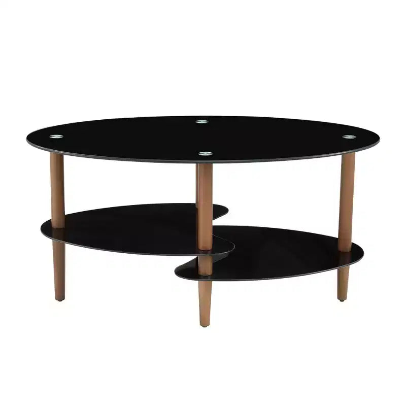 Oval Tempered Glass Coffee Table with Wood Legs, 3-Tier Storage Shelves