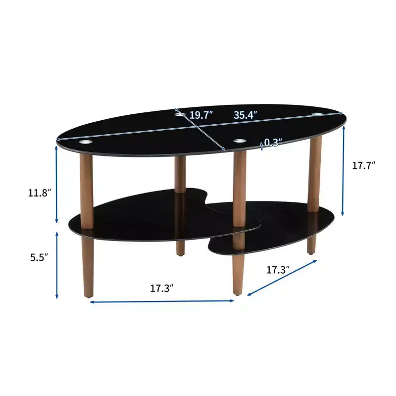 Oval Tempered Glass Coffee Table with Wood Legs, 3-Tier Storage Shelves