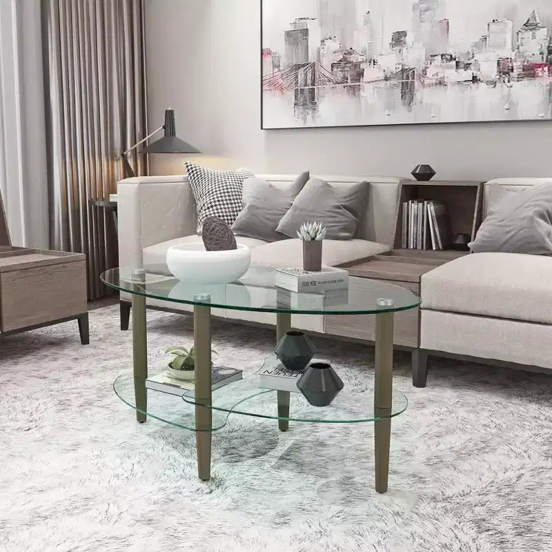 Oval Tempered Glass Coffee Table with Wood Legs, 3-Tier Storage Shelves