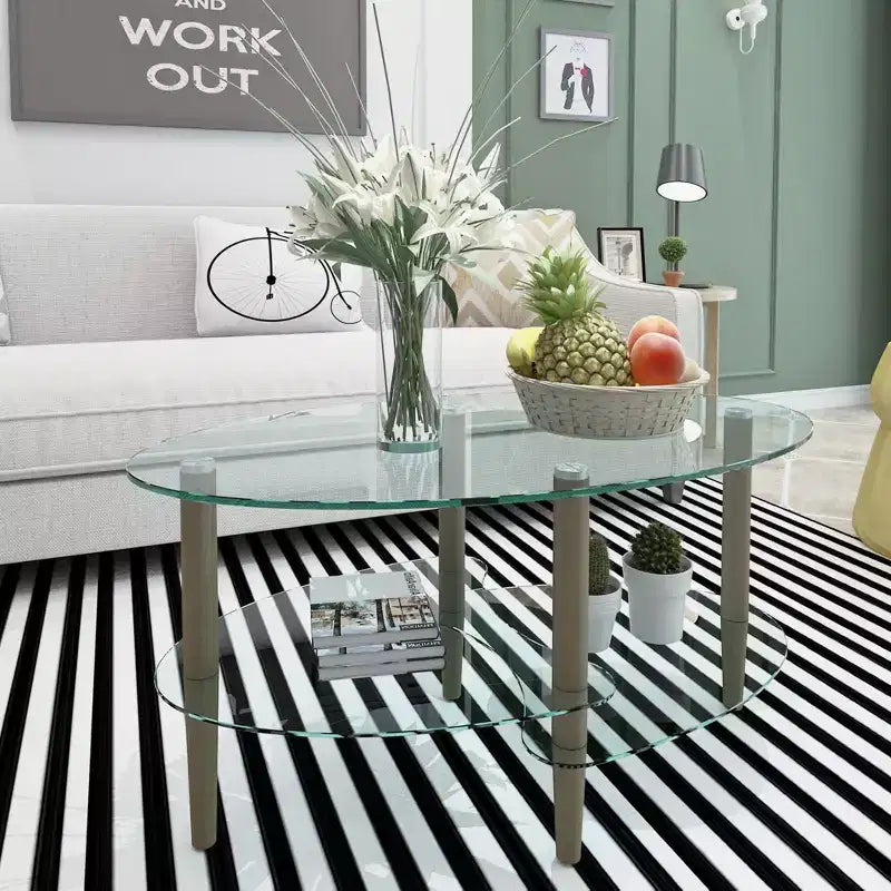 Oval Tempered Glass Coffee Table with Wood Legs, 3-Tier Storage Shelves