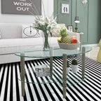 Oval Tempered Glass Coffee Table with Wood Legs, 3-Tier Storage Shelves