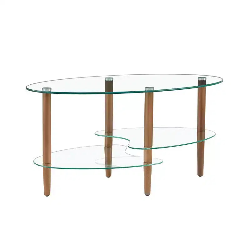 Oval Tempered Glass Coffee Table with Wood Legs, 3-Tier Storage Shelves