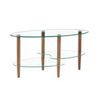Oval Tempered Glass Coffee Table with Wood Legs, 3-Tier Storage Shelves