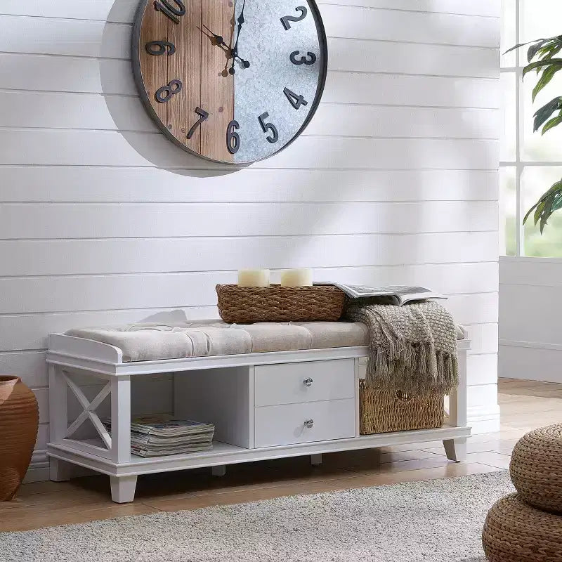 White Upholstered Storage Bench with Drawers and Open Shelves