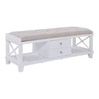 White Upholstered Storage Bench with Drawers and Open Shelves