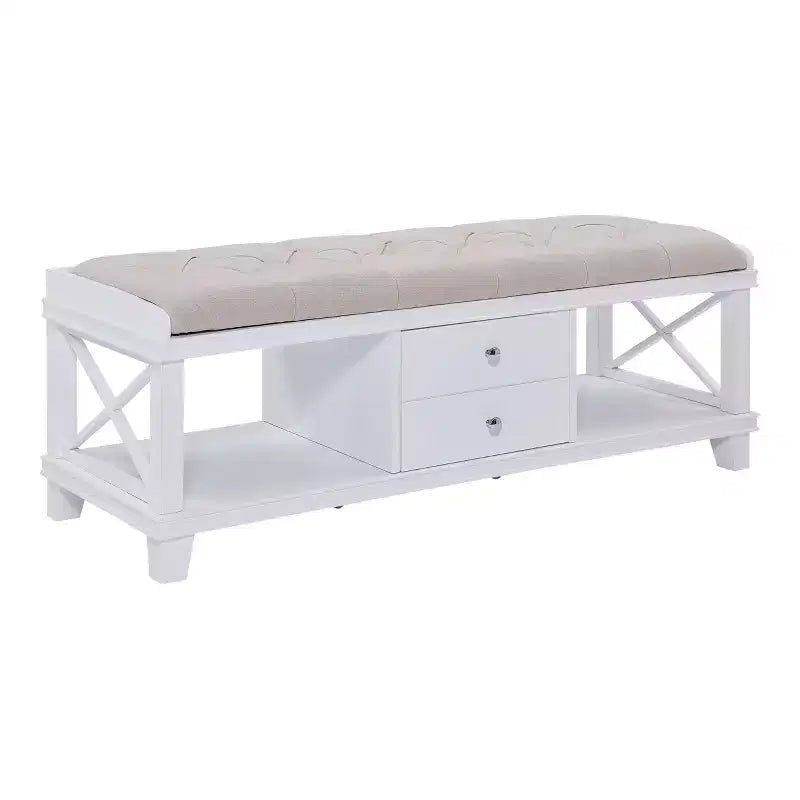 White Upholstered Storage Bench with Drawers and Open Shelves
