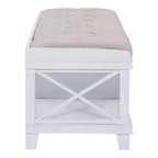 White Upholstered Storage Bench with Drawers and Open Shelves