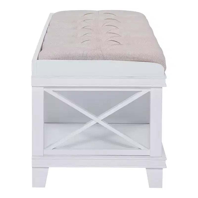 White Upholstered Storage Bench with Drawers and Open Shelves