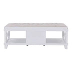 White Upholstered Storage Bench with Drawers and Open Shelves