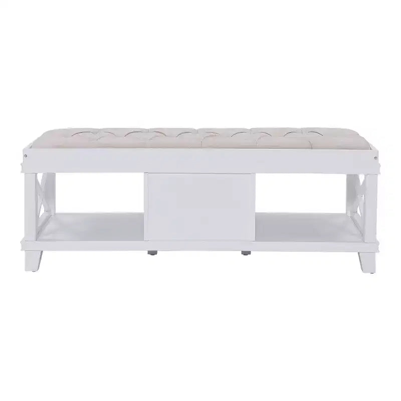White Upholstered Storage Bench with Drawers and Open Shelves