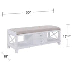 White Upholstered Storage Bench with Drawers and Open Shelves
