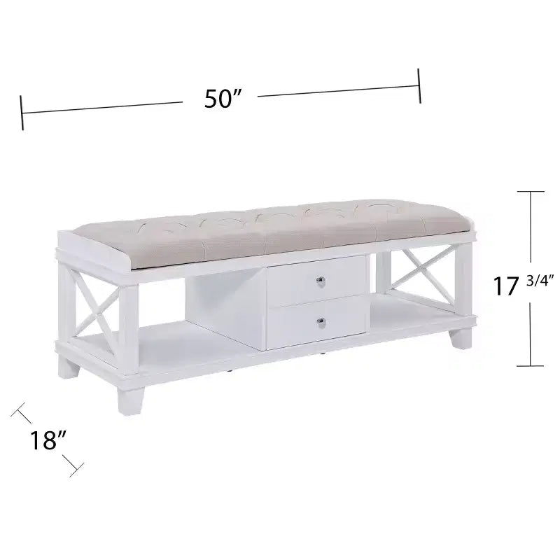White Upholstered Storage Bench with Drawers and Open Shelves