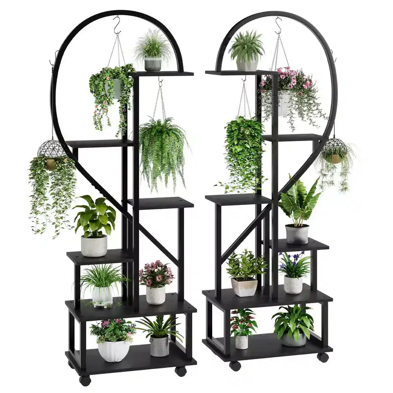 2 Pack 6 Tier Metal Plant Stand, Heart Shaped Plant Rack w/ Wheels, Hooks, Large Ladder Flower Display Shelf Holder for Home, Garden, Balcony