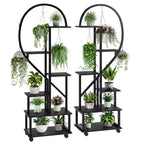 2 Pack 6 Tier Metal Plant Stand, Heart Shaped Plant Rack w/ Wheels, Hooks, Large Ladder Flower Display Shelf Holder for Home, Garden, Balcony