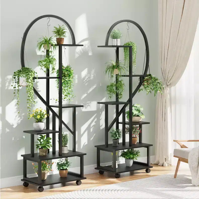 2-Pack 6-Tier Metal Plant Stand with Wheels and Hooks