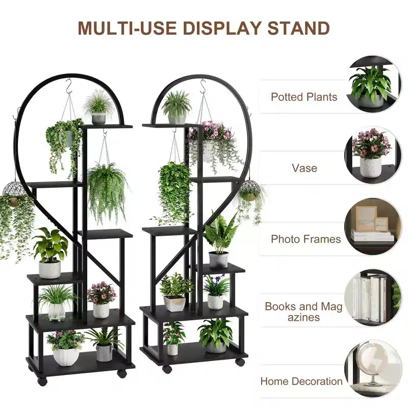 2-Pack 6-Tier Metal Plant Stand with Wheels and Hooks