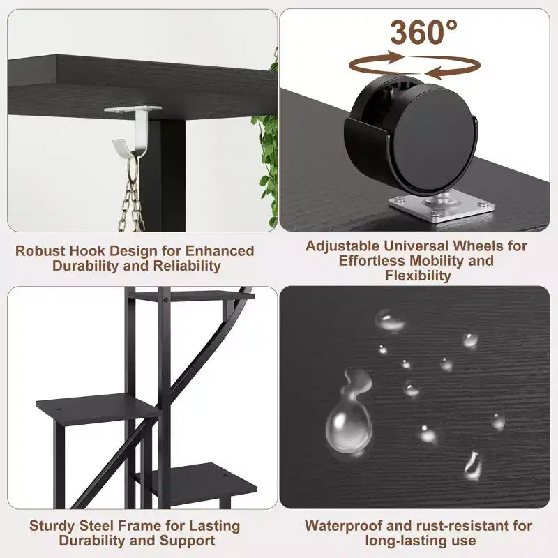 2-Pack 6-Tier Metal Plant Stand with Wheels and Hooks