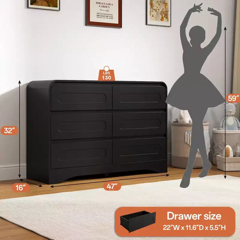 47-Inch 6-Drawer Dresser with Wood Finish