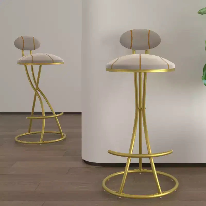 Set of 2 Round Bar Stools with S-Shaped Gold Metal Frame and Velvet Upholstered Seat