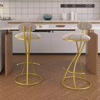 Set of 2 Round Bar Stools with S-Shaped Gold Metal Frame and Velvet Upholstered Seat