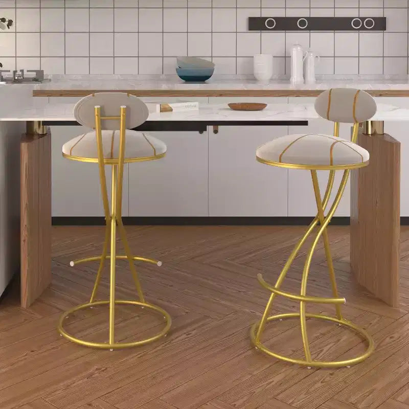 Set of 2 Round Bar Stools with S-Shaped Gold Metal Frame and Velvet Upholstered Seat
