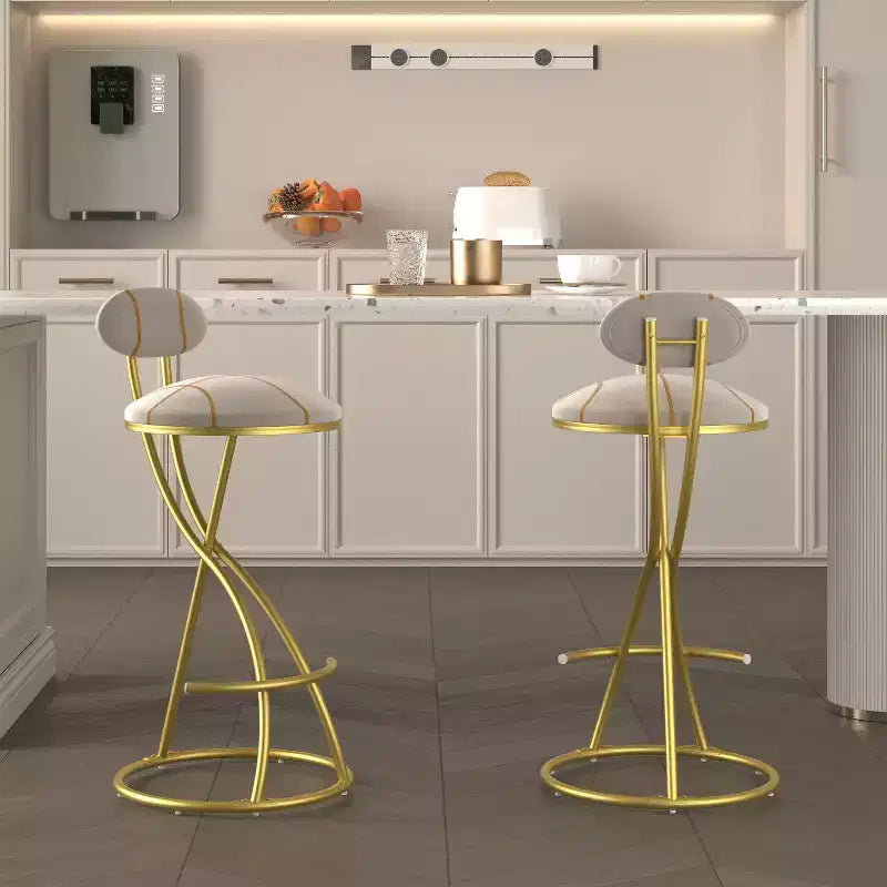 Set of 2 Round Bar Stools with S-Shaped Gold Metal Frame and Velvet Upholstered Seat