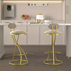 Set of 2 Round Bar Stools with S-Shaped Gold Metal Frame and Velvet Upholstered Seat