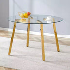 Okak Modern 47.3/36.6 Round Glass Dining Table Kitchen Table with Glass Tabletop and Metal Legs for 4 for Kitchen, Gold