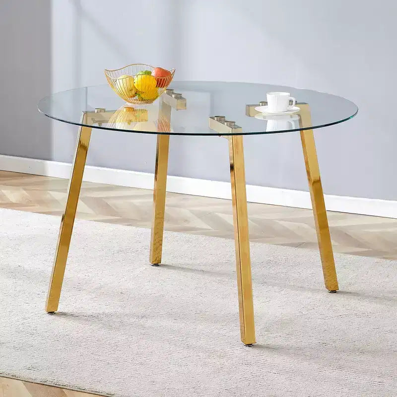 Okak Modern 47.3/36.6 Round Glass Dining Table Kitchen Table with Glass Tabletop and Metal Legs for 4 for Kitchen, Gold