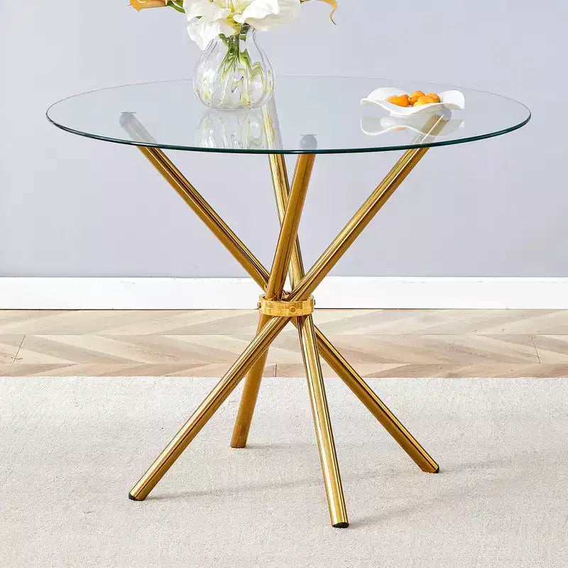 Round Glass Dining Table with Metal Legs, Seats 4 – Gold / Clear