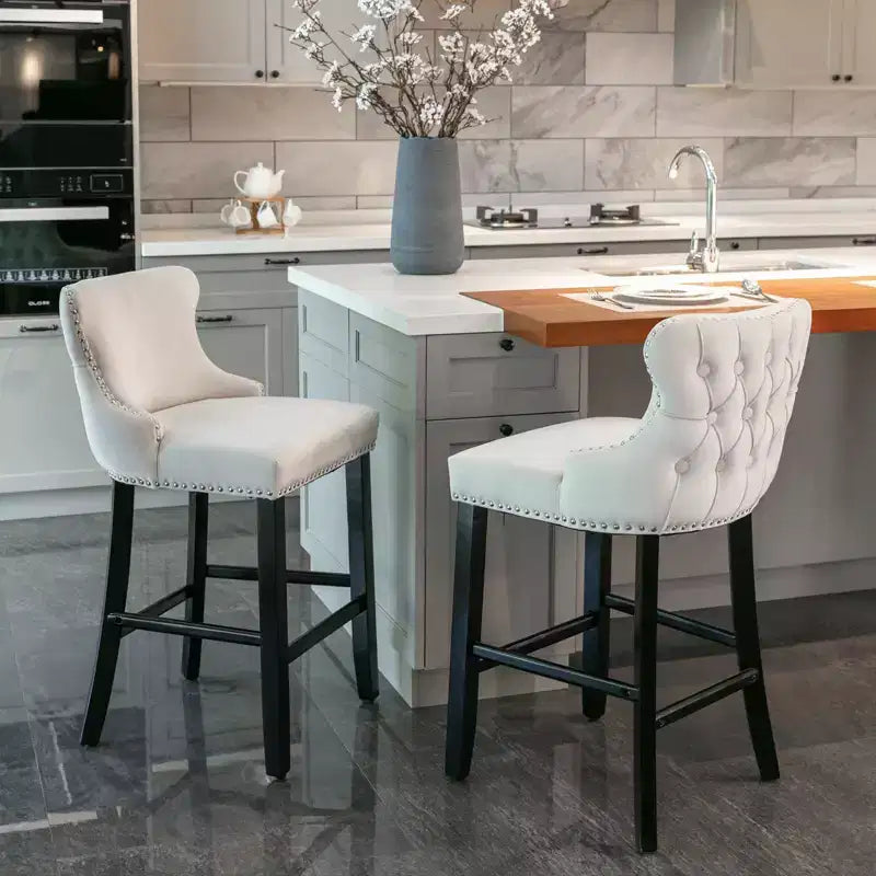 Modern Velvet Bar Stool Set with Metal Frame and Soft Cushion - Button Tufted Decoration - Ideal for Bar, Kitchen, Home Beige 22 L x 19 W x 37 H