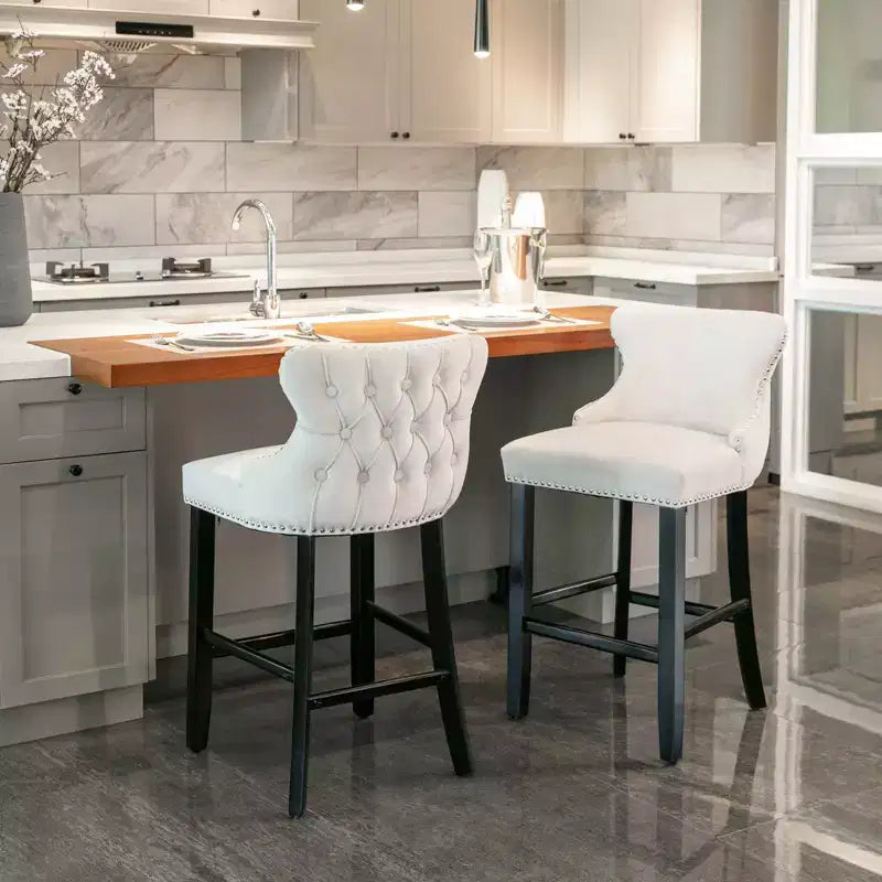 Velvet Bar Stool Set of 2 with Metal Frame, Button Tufted, Beige, 22"D x 19"W x 37"H