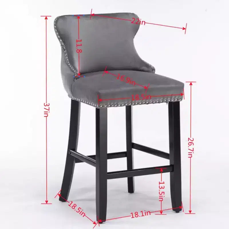 Velvet Bar Stool Set of 2 with Metal Frame, Button Tufted, Beige, 22"D x 19"W x 37"H