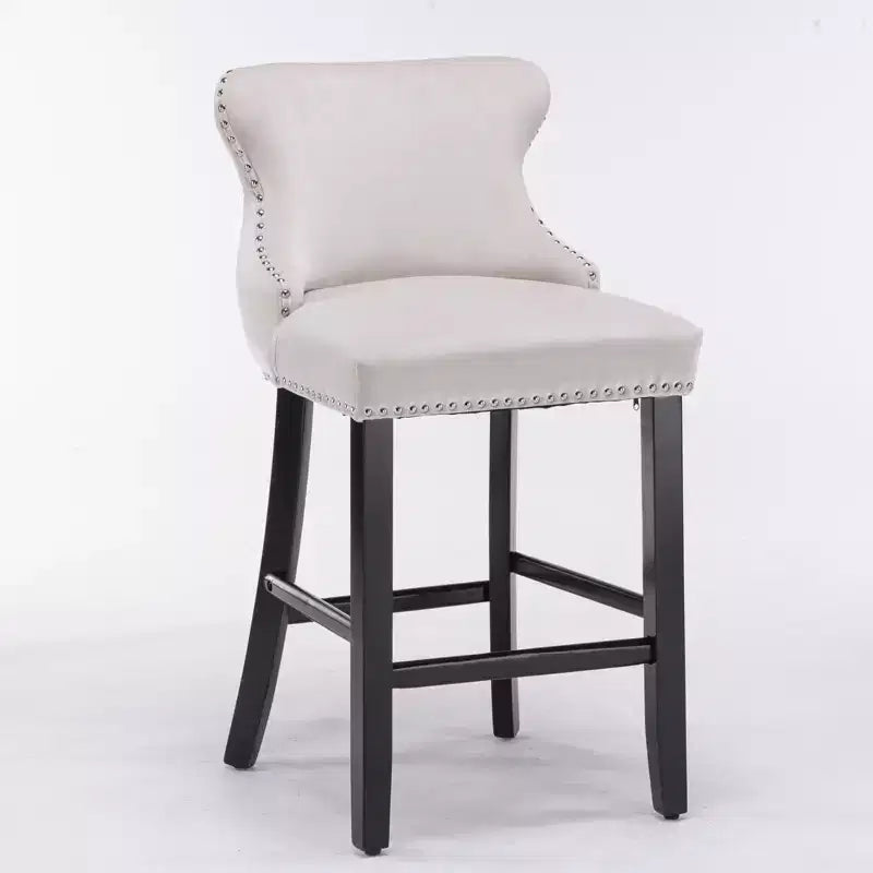 Velvet Bar Stool Set of 2 with Metal Frame, Button Tufted, Beige, 22"D x 19"W x 37"H