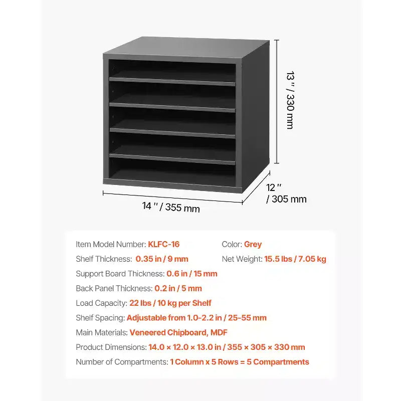 5-Compartment Literature Organizer with Adjustable Shelves, Black