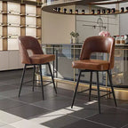 Karl Home Set Of 2 Brown PU Leather Bar Stools With Hollow Backrest, Iron Legs, Swivel