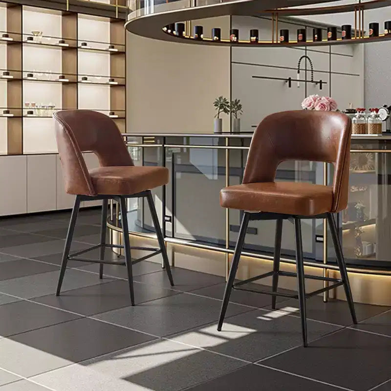 Karl Home Set Of 2 Brown PU Leather Bar Stools With Hollow Backrest, Iron Legs, Swivel