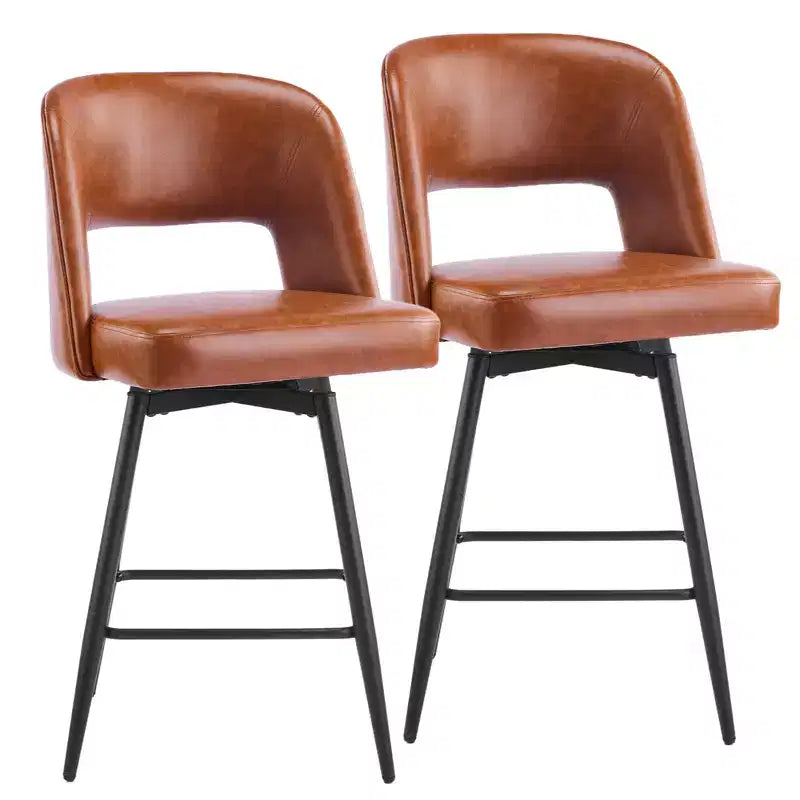 Brown PU Leather Swivel Bar Stools with Hollow Backrest and Iron Legs, Set of 2