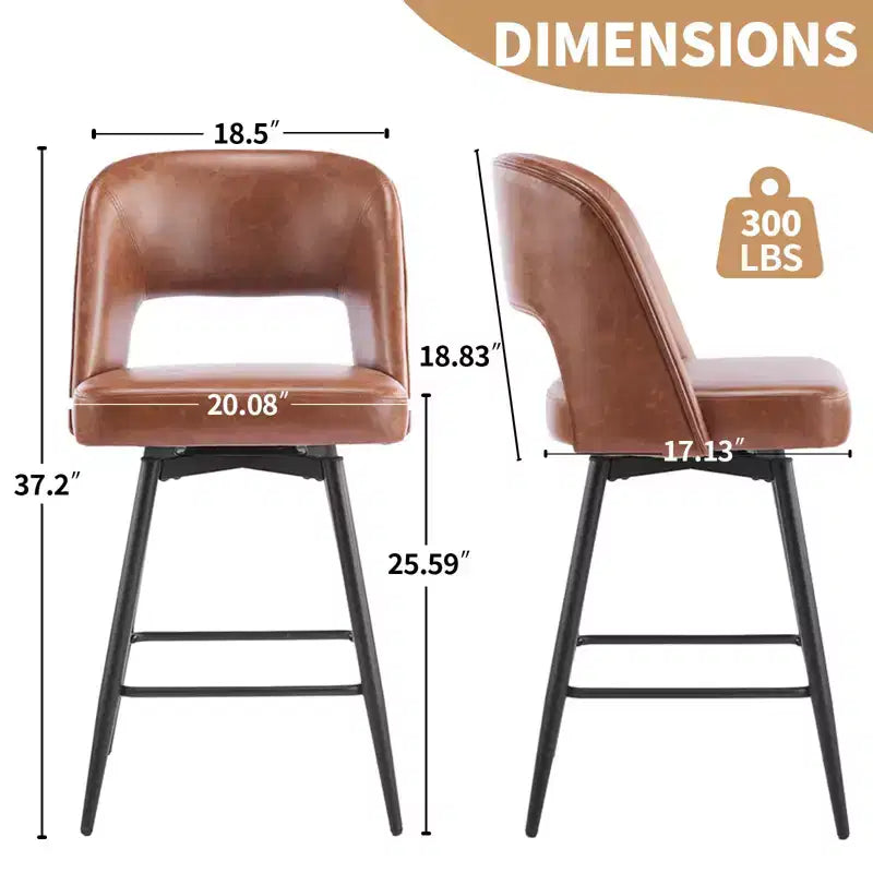 Brown PU Leather Swivel Bar Stools with Hollow Backrest and Iron Legs, Set of 2