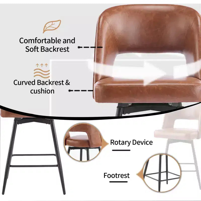 Brown PU Leather Swivel Bar Stools with Hollow Backrest and Iron Legs, Set of 2