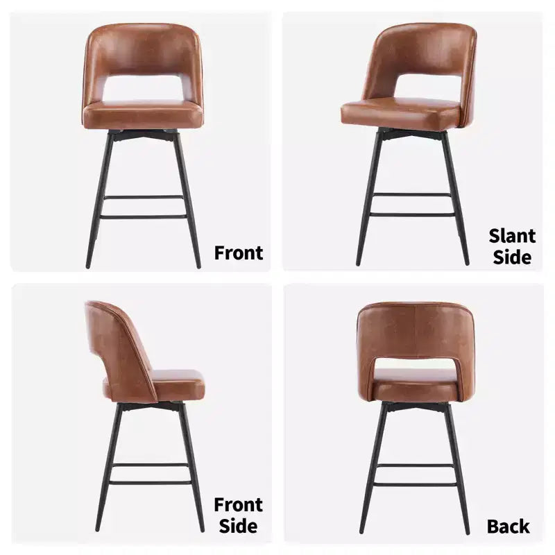 Brown PU Leather Swivel Bar Stools with Hollow Backrest and Iron Legs, Set of 2