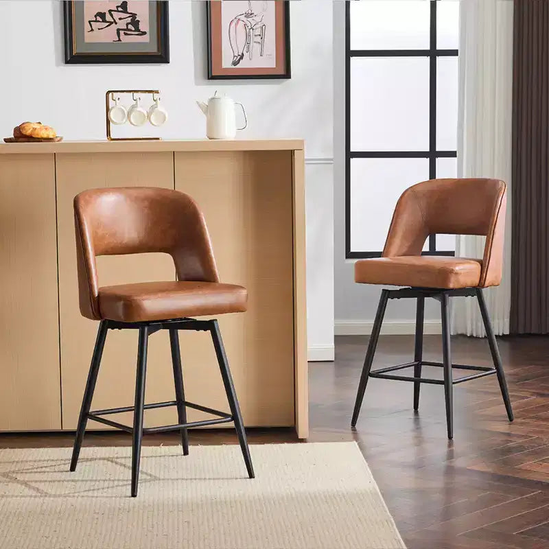 Brown PU Leather Swivel Bar Stools with Hollow Backrest and Iron Legs, Set of 2