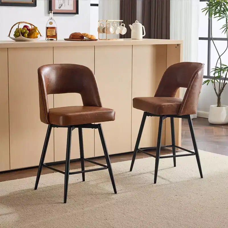 Brown PU Leather Swivel Bar Stools with Hollow Backrest and Iron Legs, Set of 2